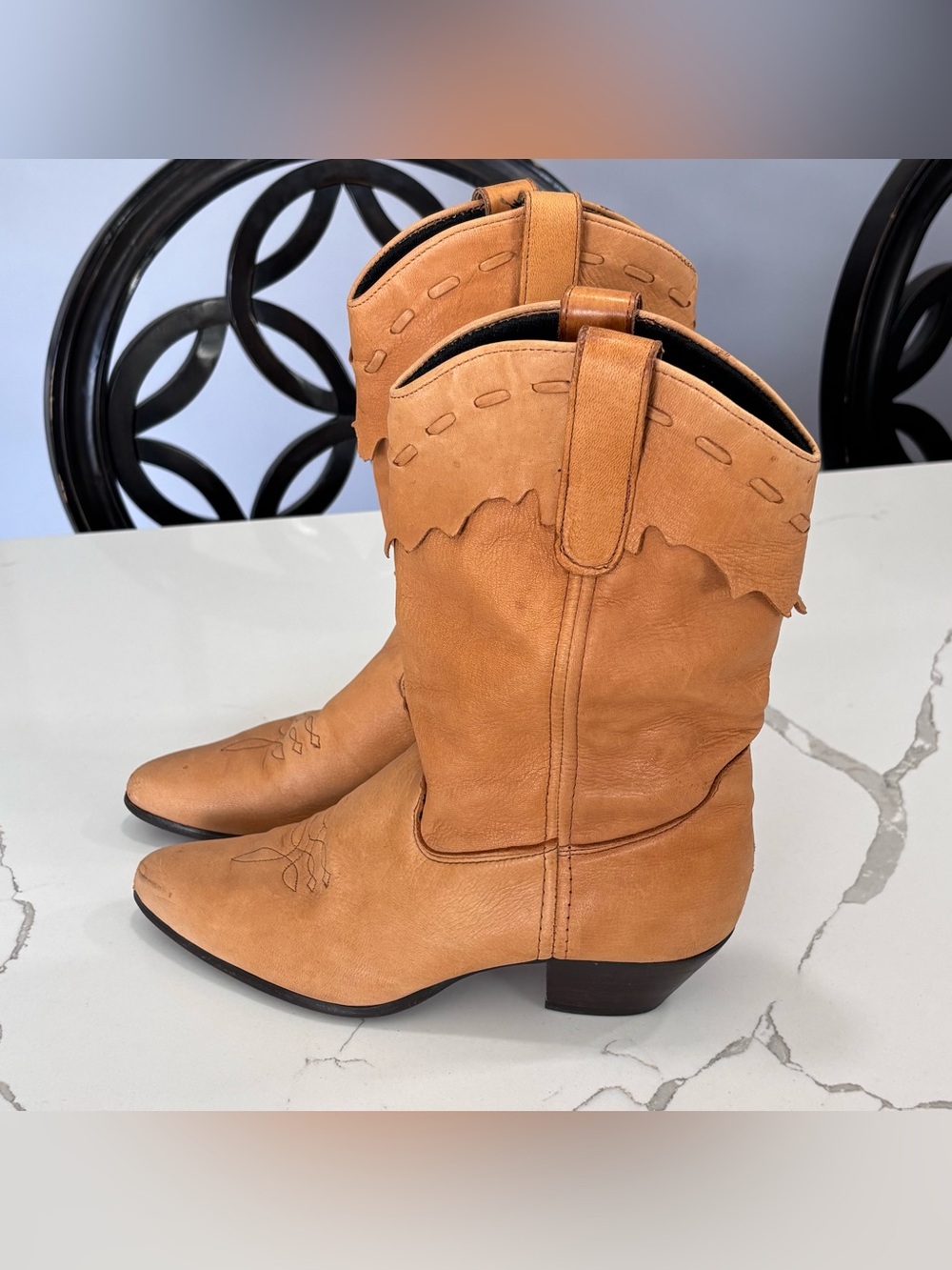 Vintage 90s Code West Tan Leather Slouch Cowboy Boots Womens 8.5 Style 36763 USA